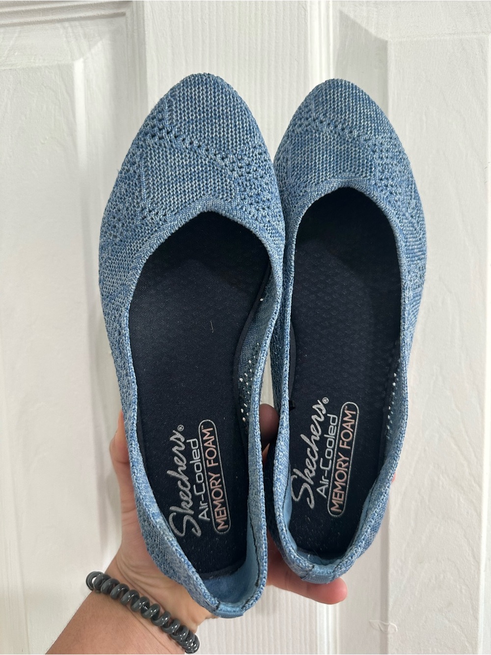Skechers Women's Light Blue Knit Slip-On Flats - Memory Foam